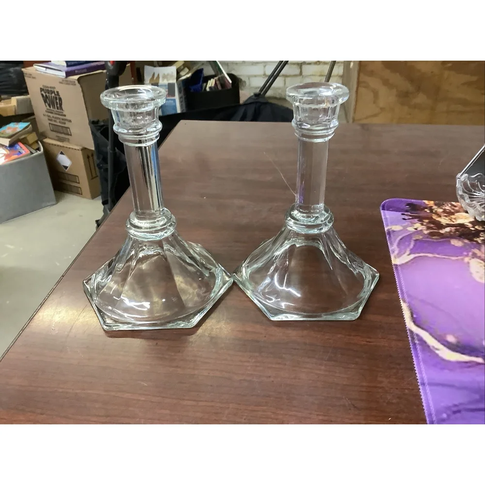 Pair Homco USA Crystal Clear Glass Taper Candle Holder Candlestick Vintage 6”